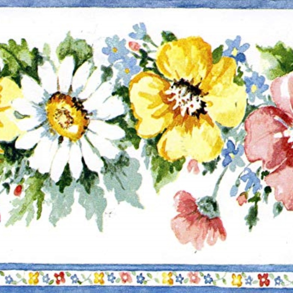 Daisy Mae 400 Prepasted Wallpaper Border 4 Yards X 5" Floral Blue Pink Flowers.